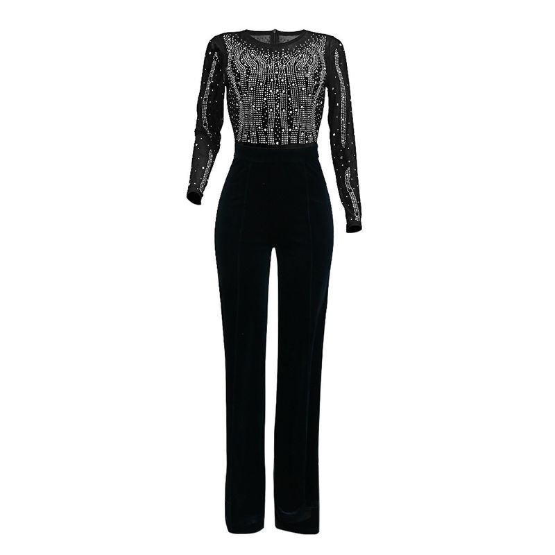 Kadın giyim seksi yuvarlak yakalı şeffaf polyester örgü eklenmiş kadife bol tulum, modaya uygun sıcak elmas tarzı_voghion.com
