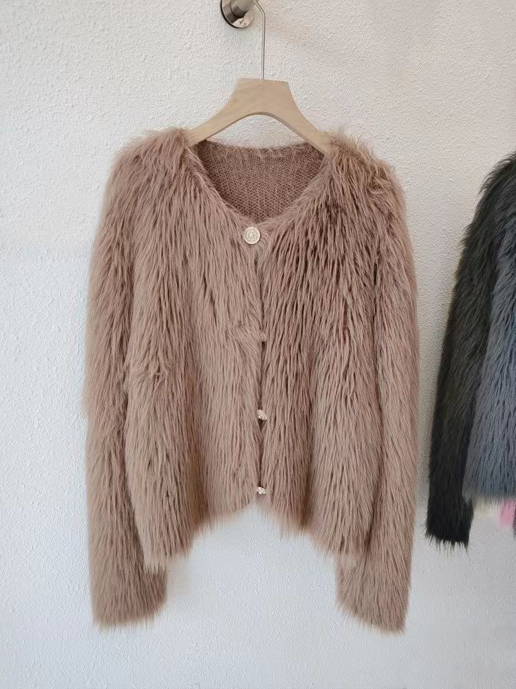 Damenbekleidung Fleece-Strickjacke Pullover Jacke Frauen Herbst und Winter verdickt neue kurze weiche wachsartige_voghion.com