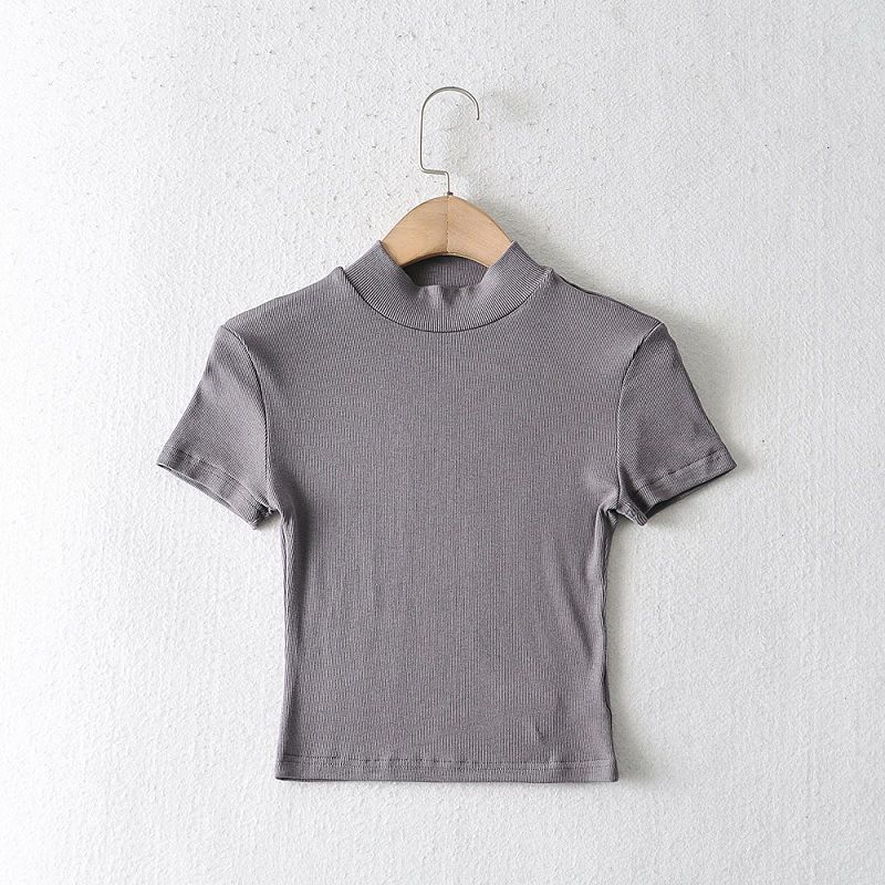 YPFF New Careful Machine Exposed Navel Half High Neck Short Sleeved T-shirt Women's Basic Versatile Slim Fit Top_voghion.com