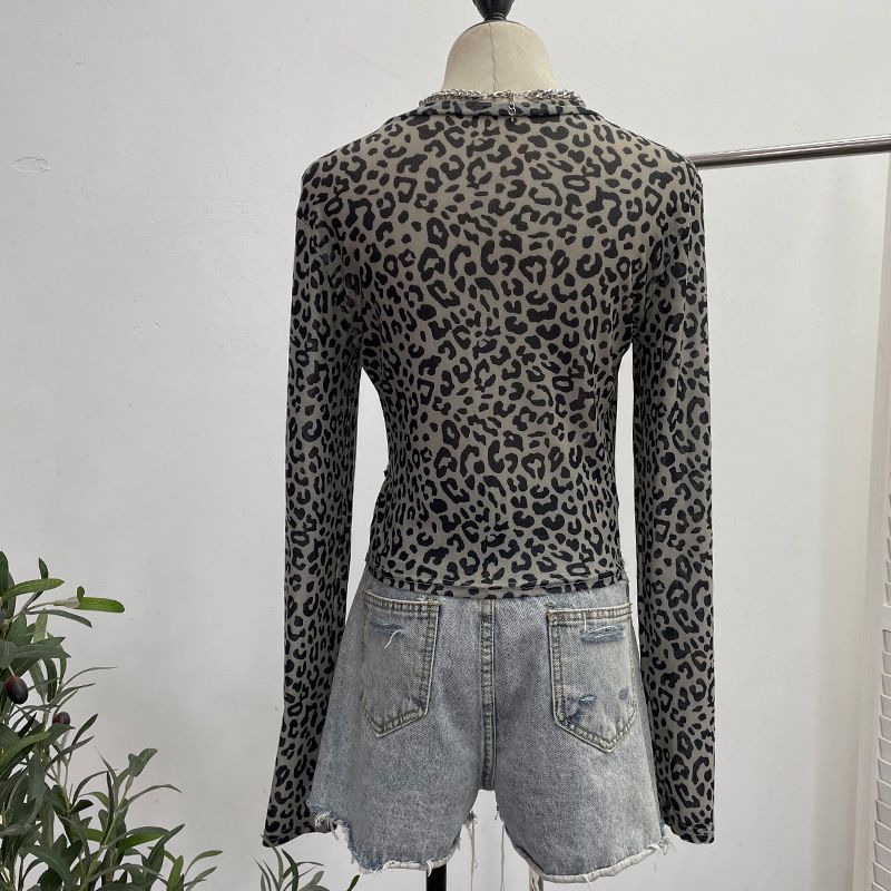 Damenbekleidung Real Shot Fashion Leopardenmuster Perspektive Hot Girl Mesh Splicing Denim Unregelmäßiges Bottoming Shirt Kurzes Top_voghion.com