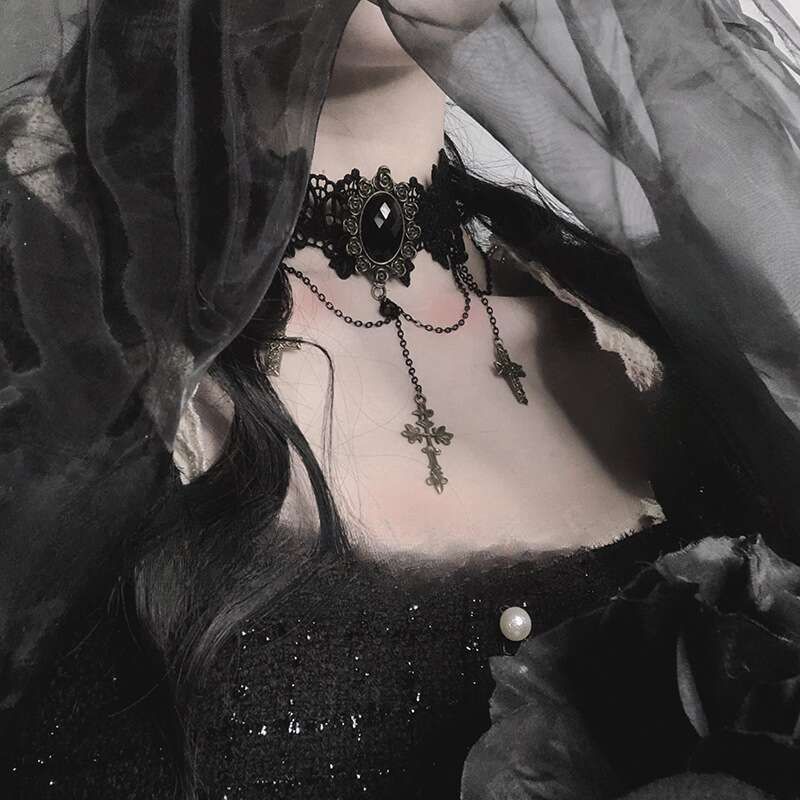 Collana con croce in pizzo Lolita Dark Wind, stile gotico, con catena per clavicola, per donne_voghion.com