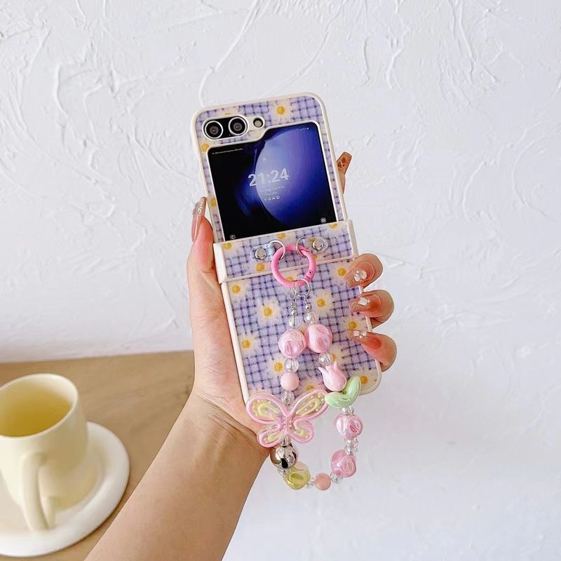 For Samsung Galaxy Z Flip 3 4 5 5G Flip4 Cute New Butterfly Flower Glitter Pearl Wrist Chain Strap Phone Case Cover_voghion.com