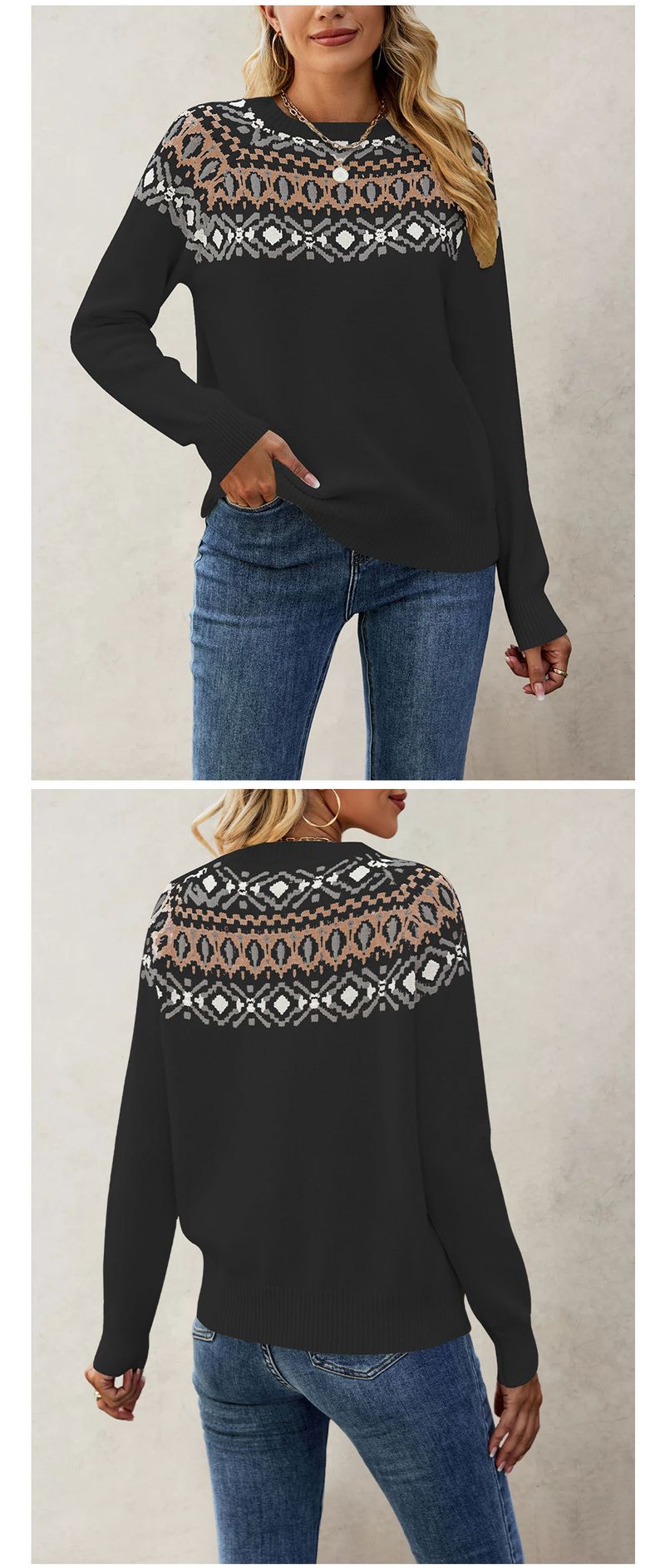 Maglione da donna lavorato a maglia con scollo rotondo e lavorazione jacquard retrò_voghion.com