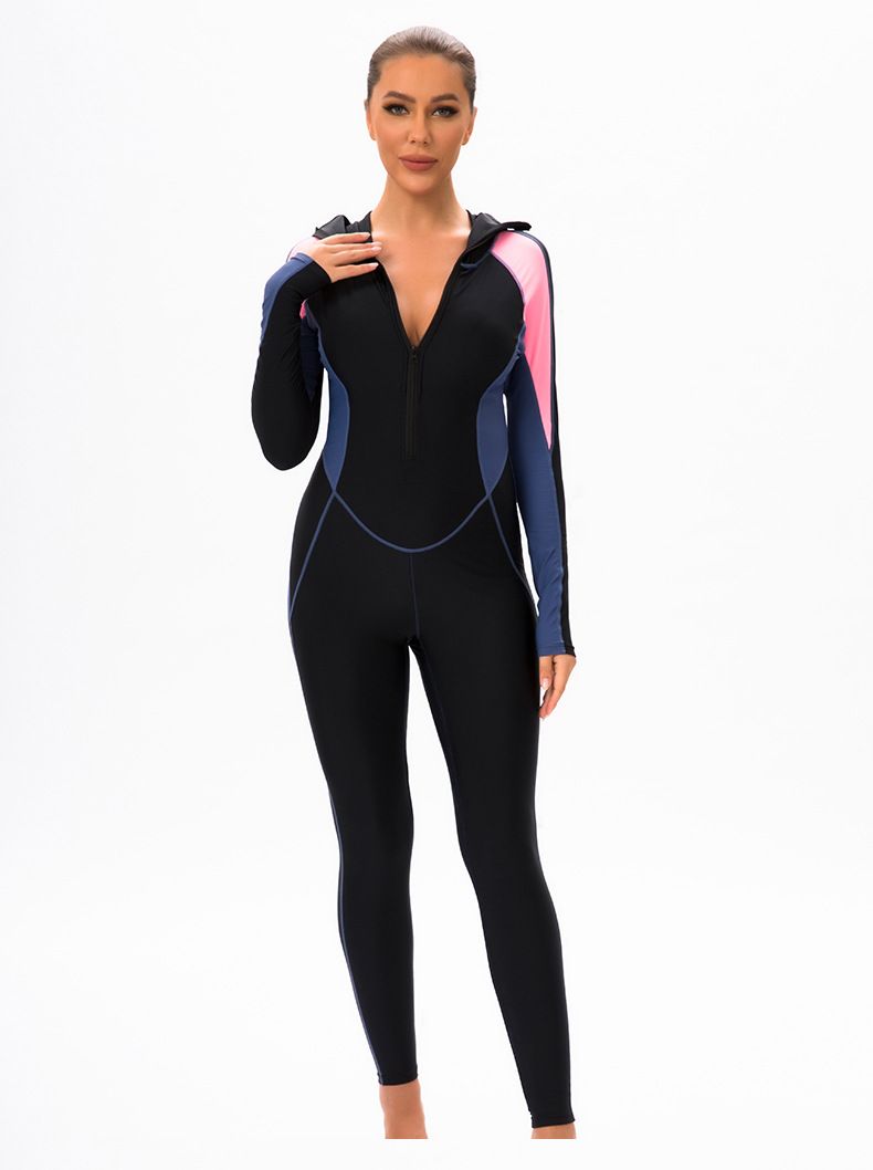 Cross Border New Color Matching One Piece Long Sleeved Sunscreen Women's Swimsuit Middle East Full Coverage Conservative Muslim Trousers Swimsuit_voghion.com