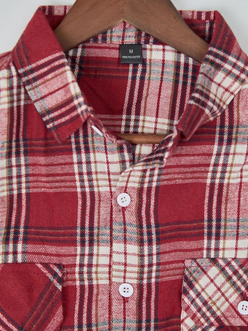 Men’s Flannel Plaid Shirt – Soft Brushed Polyester Long Sleeve Casual Button-Up (Red/Navy/Orange)_voghion.com