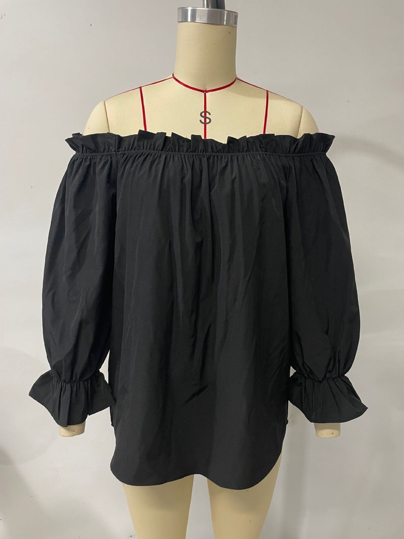 Blusa in chiffon con spalle scoperte da donna - Elegante top peplo a maniche lunghe con volant in tinta unita (nero, bordeaux, verde, beige, rosa antico)_voghion.com