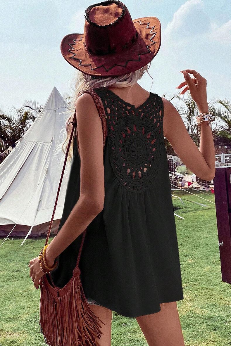 Camiseta sin mangas holgada con escote en V y encaje en la espalda para mujer, novedad de verano 2025_voghion.com