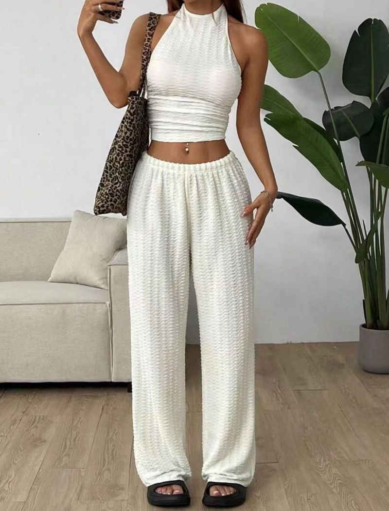 Women's Clothing 2025 Summer Strapless Backless Sexy Top Elastic Waist Comfortable Long Pants Set_voghion.com