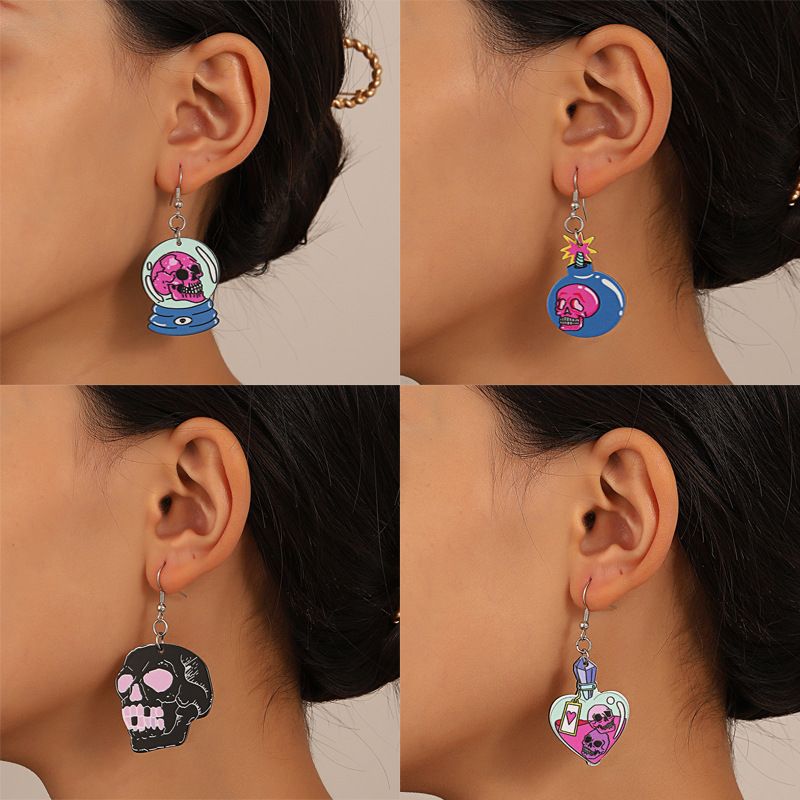 Boucles d'oreilles en acrylique pour femme, motif chauve-souris, motif crâne drôle et sombre, tendance et créative, pour Halloween_voghion.com