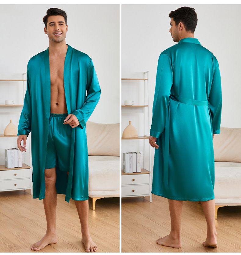 Cross Border Men's Nightgown Shorts Set Solid Color Home Clothes Bathrobe Shorts Set Thin Pajamas TZ3194_voghion.com