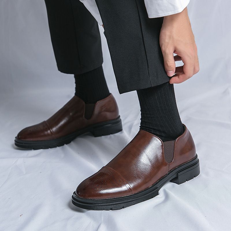 Four Seasons Youth Low-top Leather Large Size Brogue Height-increasing Men's Slip-on Business Formal Shoes_voghion.com