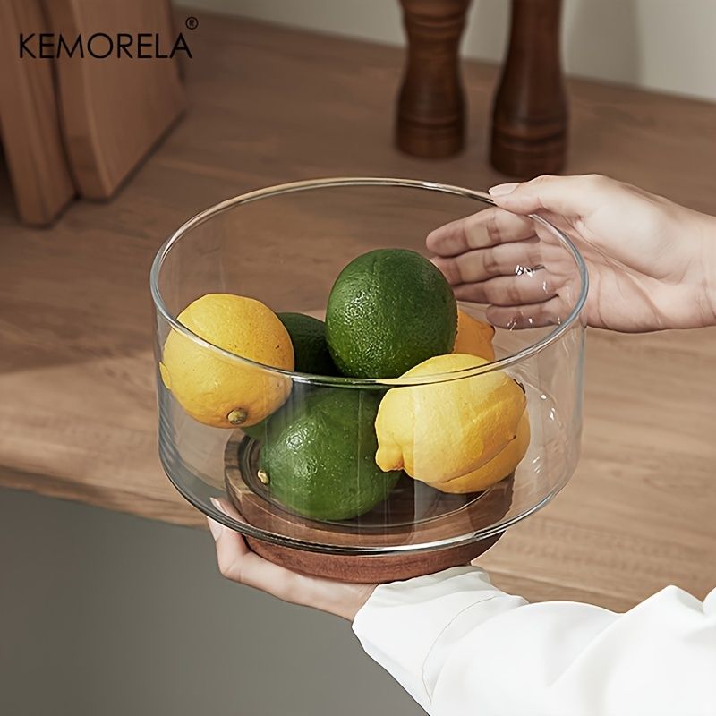 Glass Fruit Bowl Creative Large Salad Bowl Wood Base Snacks Popcorn Nuts Storage Bowls Home Christmas Snack Storage Container_voghion.com