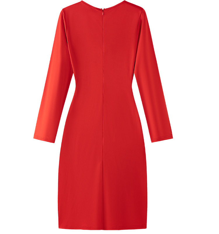 Damesmode slim-fit tas met V-hals, hippe splitknoopjurk met lange mouwen_voghion.com