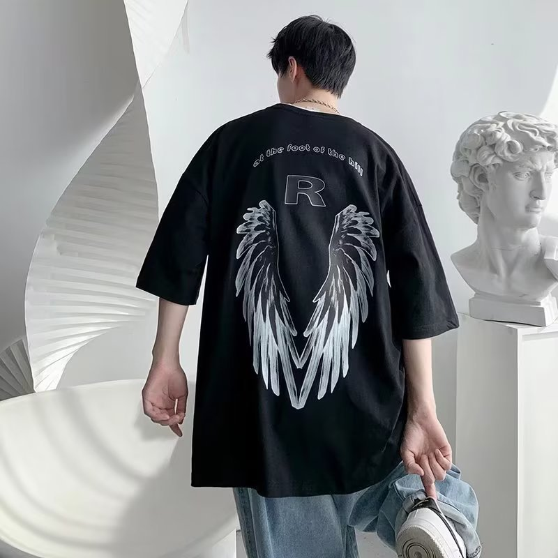 Marchio di abbigliamento alla moda maschile, taglie grandi, con stampa di lettere e ali, girocollo, manica corta, semplice, da uomo._voghion.com