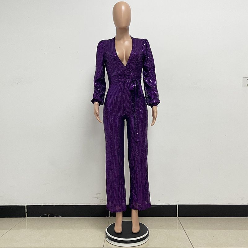 Damkläder Ins Style Deep V Mode Casual Jumpsuit Långärmat Bälte Paljett Jumpsuit Dam_voghion.com