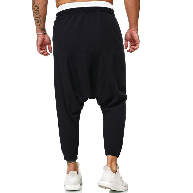 Man's Spring and Autumn fFashion Cotton and Linen Loose Cross-gear Pants Solid Color Beamed Feet Nine-point Pants_voghion.com