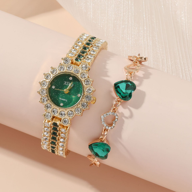 Klein Groen Horloge Dames Stalen Quartz Horloge + Ring Set Geschenkdoos 5st/set_voghion.com