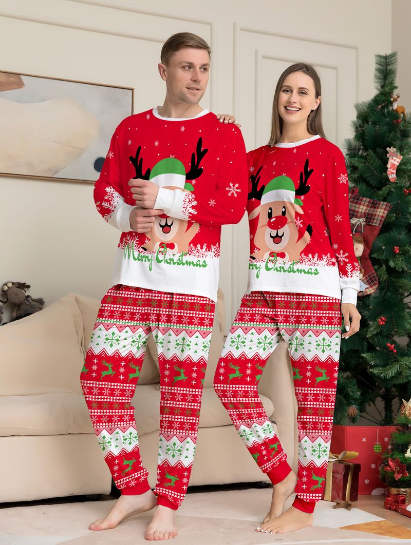 Christmas Red Parent Child Outfit Independent Station New Fat Deer Head Cartoon Suit Holiday Pajamas Home Clothes_voghion.com
