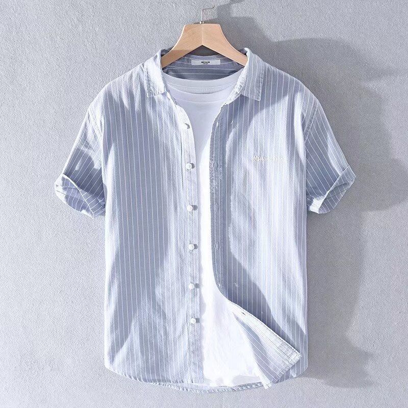 Camicia a maniche corte in lino di cotone a righe giapponesi per camicia da uomo in stile artistico sottile e versatile dell'estate 2024_voghion.com