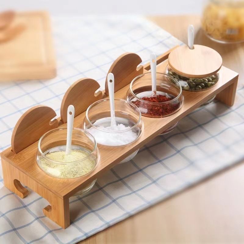 Cam Baharat Kavanozu Seti Ahşap Standlı Mutfak Baharat Kapları Tuz Şekerlik Hava Geçirmez Kapaklar Kolay Dökülebilir Tasarım Minimalist Kiler Düzenleme_voghion.com