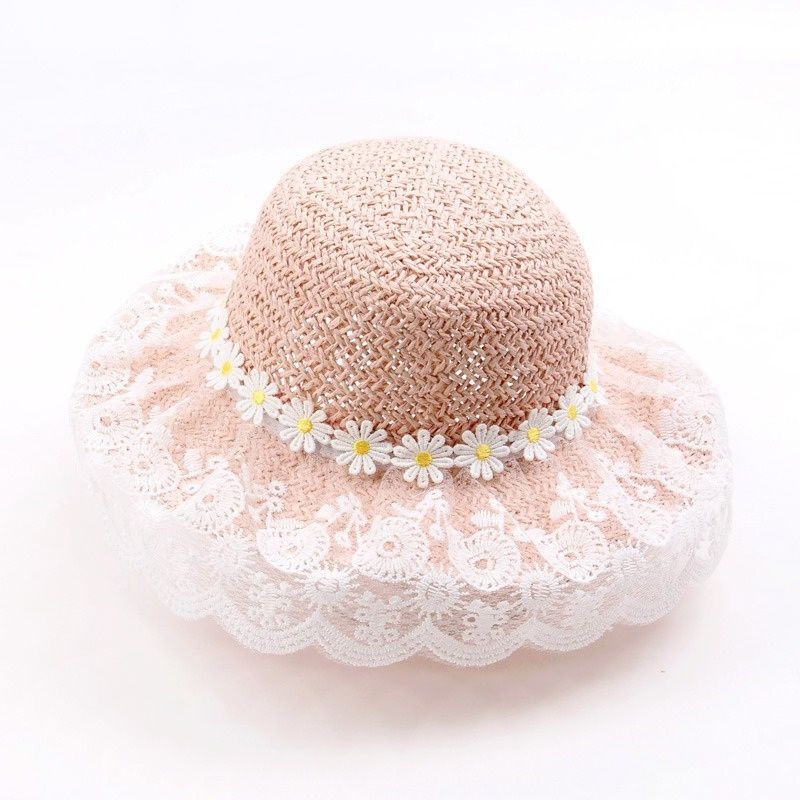Chapeau de paille de plage pour enfants, mode, été, princesse, dentelle, protection solaire_voghion.com