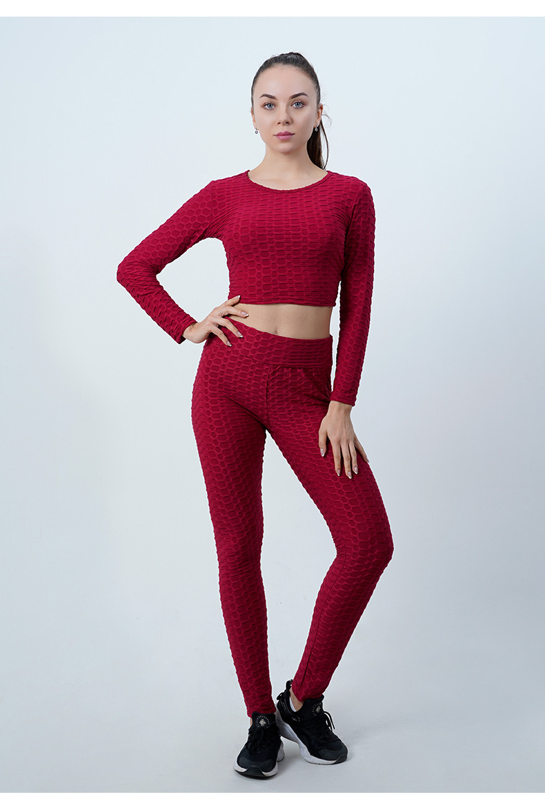 Outfit Rückenfreie Hüfthebe-Fitnesshosen Frauen Plus Size Langarm Bubble Sports Yoga Set Eng anliegend_voghion.com