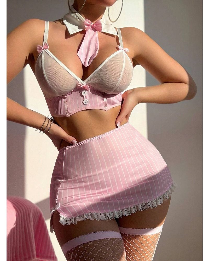Toucheart Costume sexy da donna, uniforme da insegnante, set di minigonna a righe con fiocco, uniforme, set di biancheria intima puramente erotica seducente_voghion.com