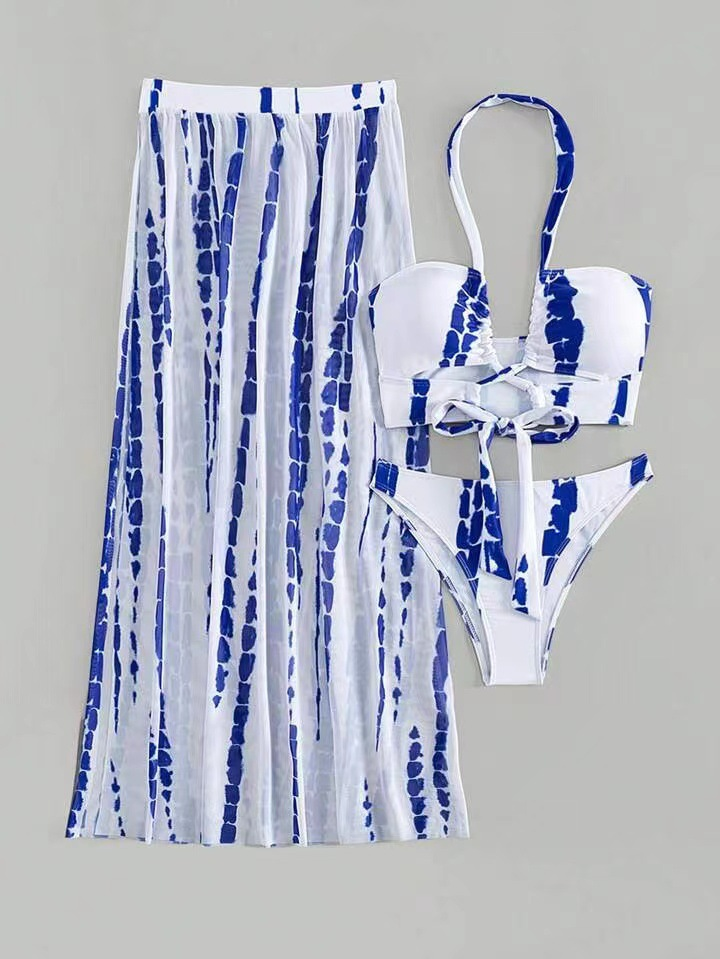 split bikini swimsuit with cross straps sexy sunscreen gauze skirt seaside resort hot spring swimsuit_voghion.com