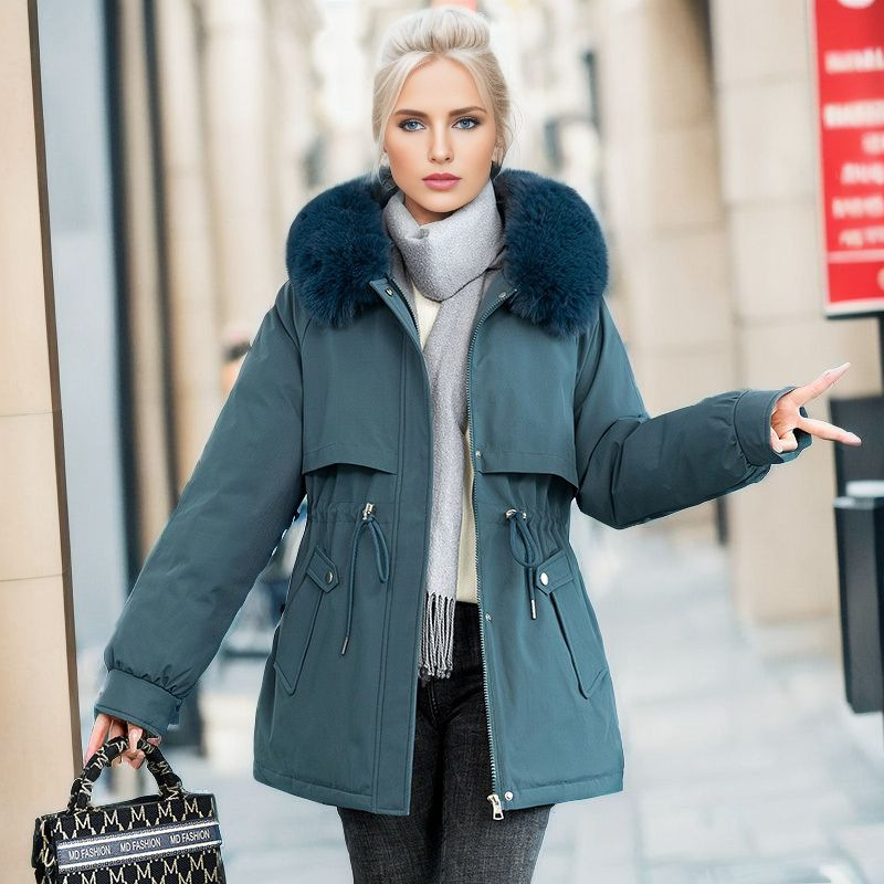 Women's drawstring cotton-padded coat in long plus cashmere pie to overcome cotton-padded jacket Korean version loose down winter coat_voghion.com