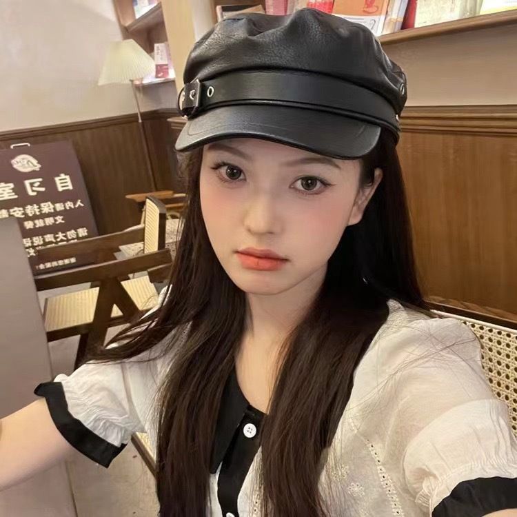 Black PU Full Navy Men, British Style Buckle Baseball Cap, Fashionable Octagonal For Women, Spring And Autumn Casual_voghion.com