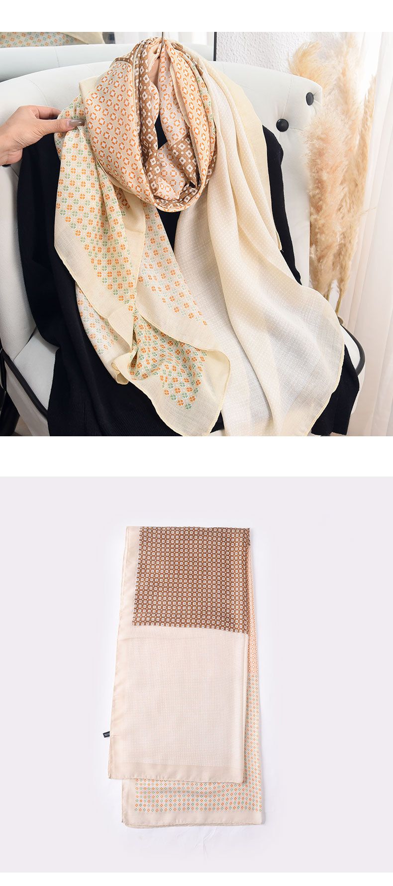 Sciarpa creativa alla moda in seta con effetto lino e cotone di nicchia coreana con blocchi di colore._voghion.com