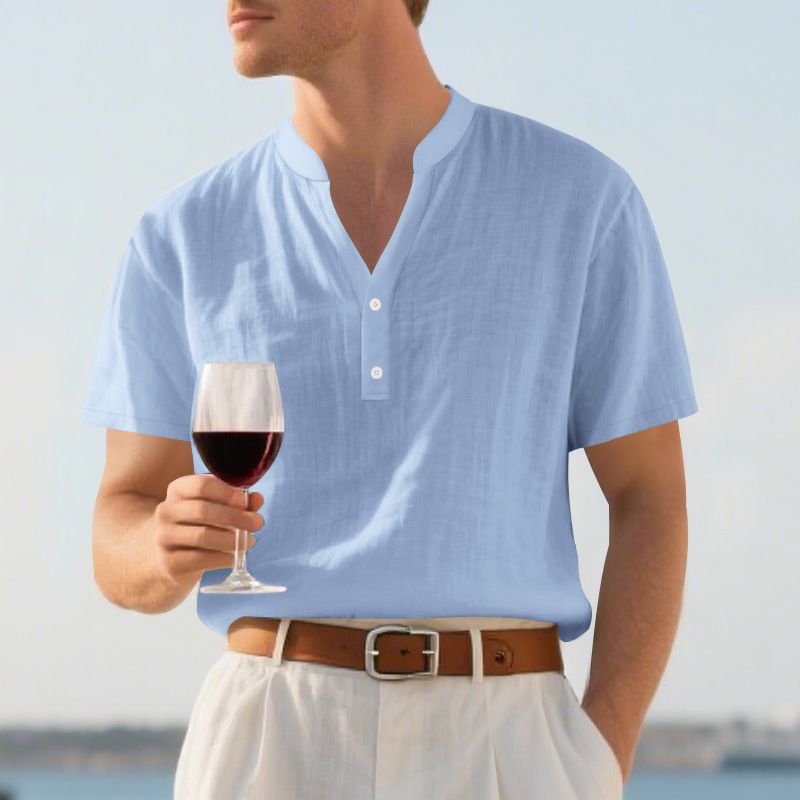 Camicia casual estiva da uomo, ampia, con colletto alto, abbottonata, in lino, a maniche corte, tinta unita, taglie forti_voghion.com