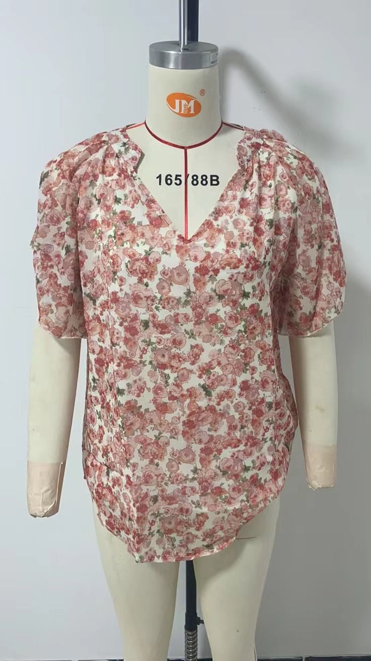 Women's clothing floral print V-neck pullover chiffon shirt_voghion.com