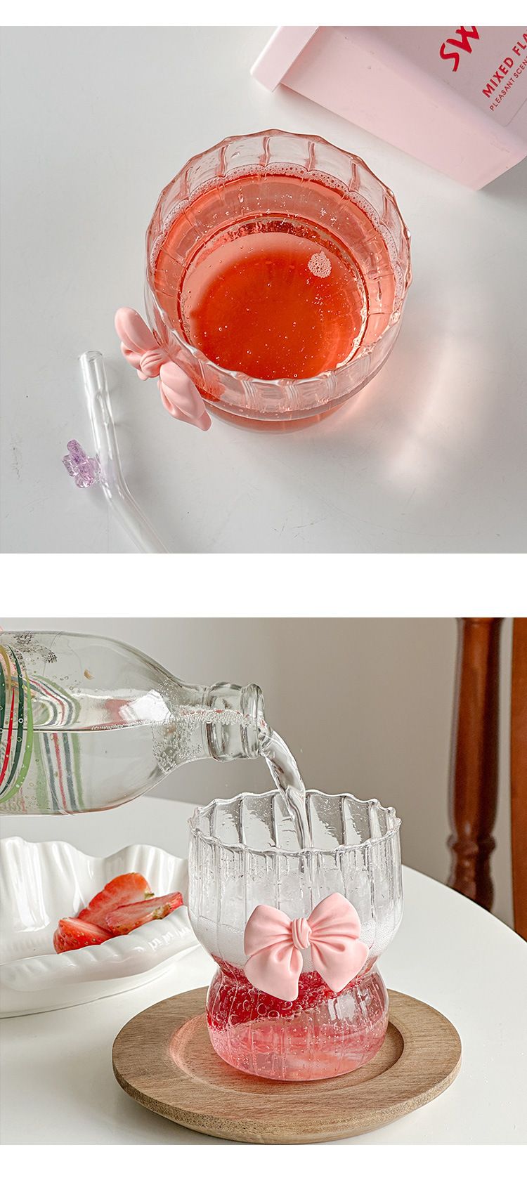 Pink Bow High Borosilicate Glass Coffee Mug - Heat Resistant, Cute Ribbon Handle, Vertical Striped Design For Tea & Espresso_voghion.com