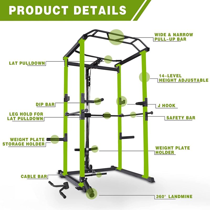 100lb Green Home Gym Set Multi-functional Power Cage, Home Adjustable Pullup Squat Rack 1000Lbs Capacity Comprehensive Fitness Barbell Rack_voghion.com