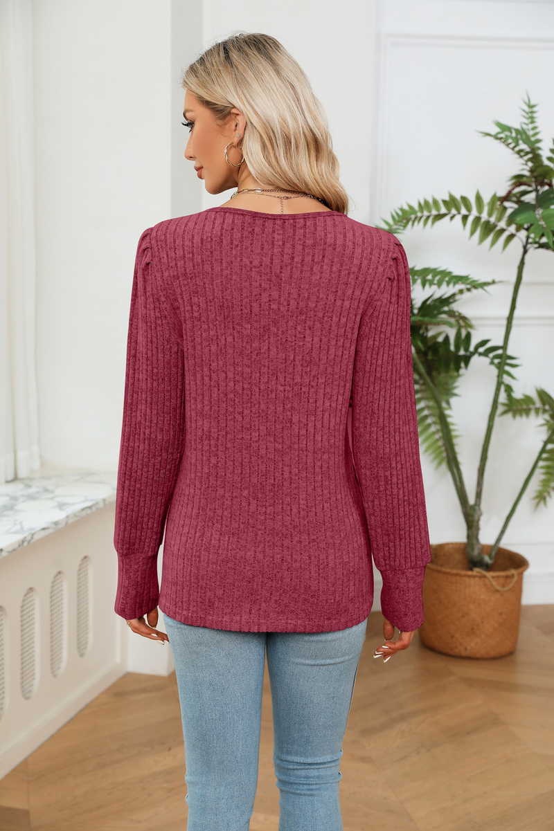 Damenbekleidung, Damen-T-Shirt mit V-Ausschnitt, Spitze, lockerer Grubenstreifen, gebürstet, lockeres Langarm-T-Shirt_voghion.com
