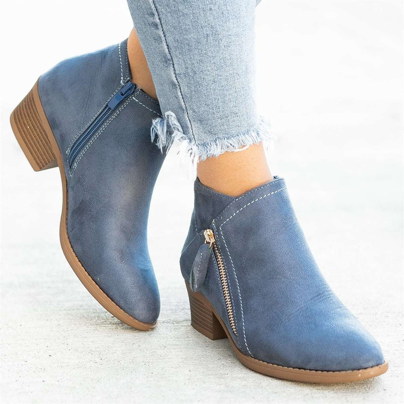2023 automne nouvelles bottes pour femmes européennes et américaines bout rond fermeture à glissière latérale talon épais bottes en cuir pour femmes grande taille mode couleur unie_voghion.com