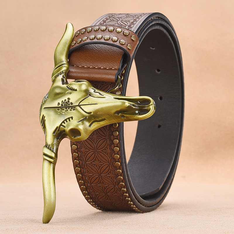 Cowhide Embossed Western Cowboy Personality Rivet Men's Wenzhou Belt Trend_voghion.com