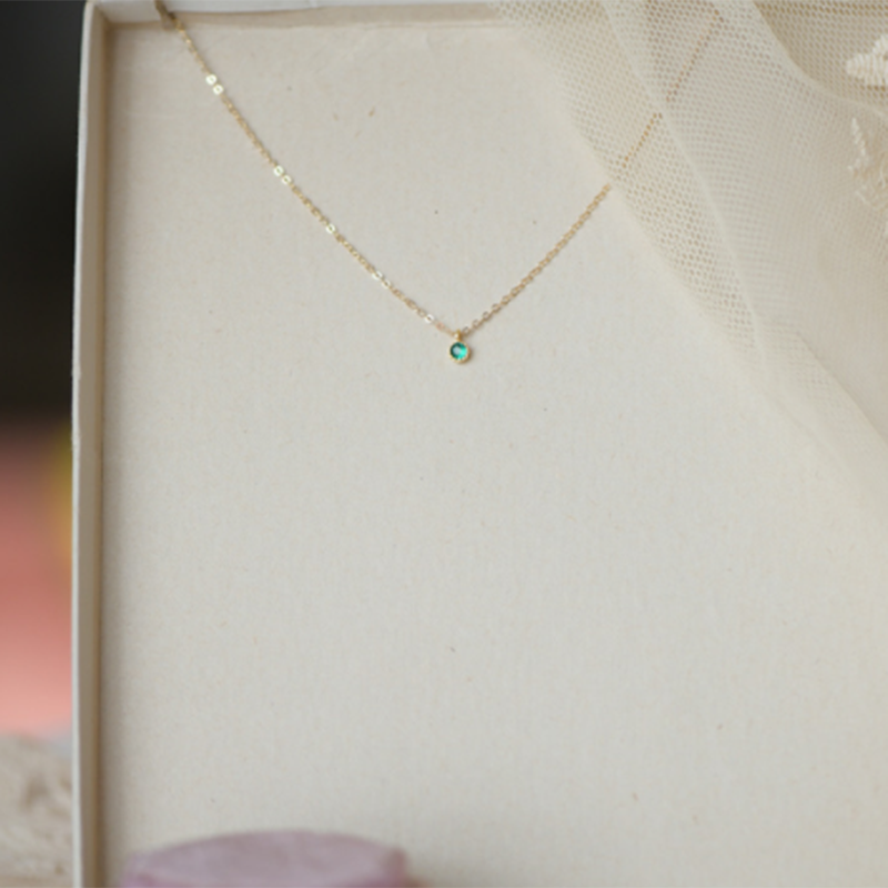 WOOZU - Collar con cadena de eslabones de circonita verde redonda de plata esterlina auténtica para mujer, encantador, joyería minimalista para fiestas_voghion.com