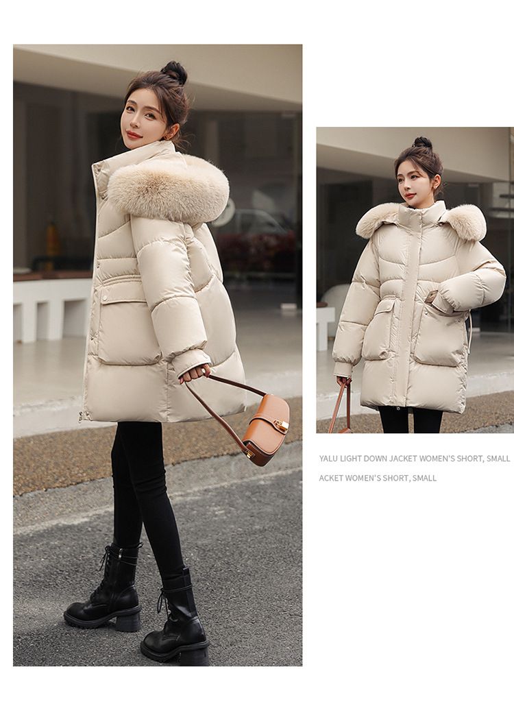 Damen-Winter-Puffermantel mit abnehmbarer Kapuze, langärmlig, mittellang, warme Jacke für lässige Outfits (Beige, Schwarz, Khaki, Rot, Orange)_voghion.com