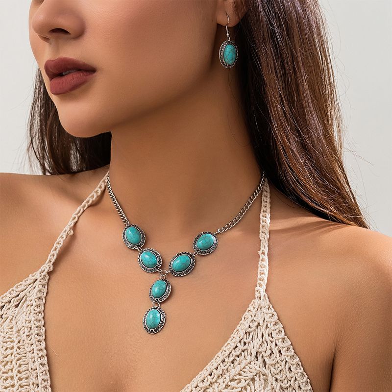Sieraden Etnische Stijl Turquoise Set Mode Punk Metalen Ketting Sleutelbeen Ketting_voghion.com