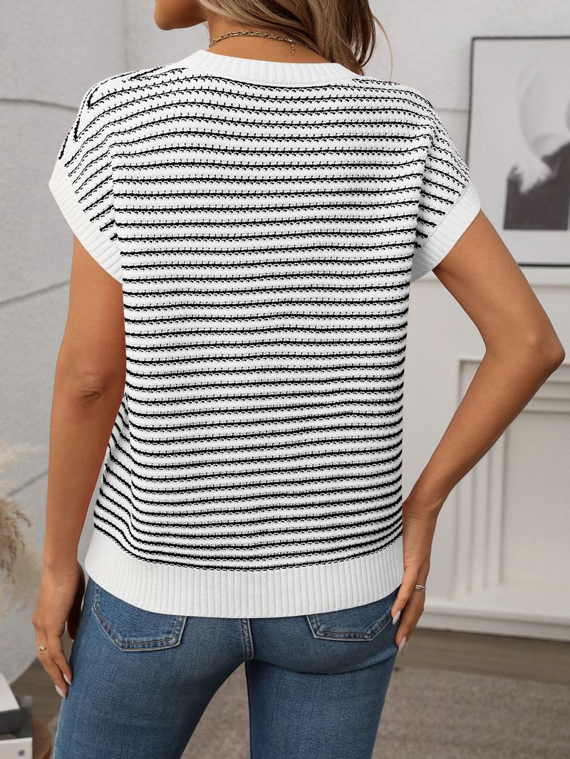 Suéter feminino casual listrado de malha, gola redonda, boêmio, solto, com detalhes em crochê, manga 3/4, pulôver_voghion.com