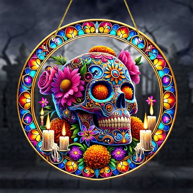 Acchiappasole vibrante a forma di teschio di zucchero - Arte in acrilico colorato da 23 cm. Decorazione festiva per le celebrazioni del Dia de Muertos o per gli spazi dei bar._voghion.com