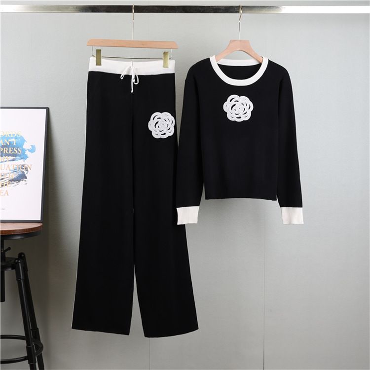 Women's Clothing autumn new camellia knitted suit women's round neck knitted sweater wide leg pants temperament two piece suit_voghion.com