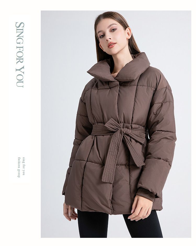 Jaqueta curta de algodão europeia e americana, nova jaqueta de algodão solta, casual, quente, com gola alta e cinto_voghion.com