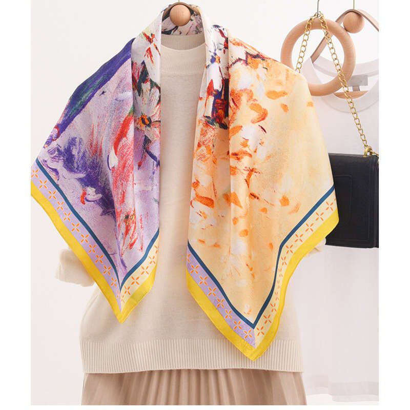 2025 New Spring Double Side Printed Small Square French Colorblock Silk Scarf_voghion.com