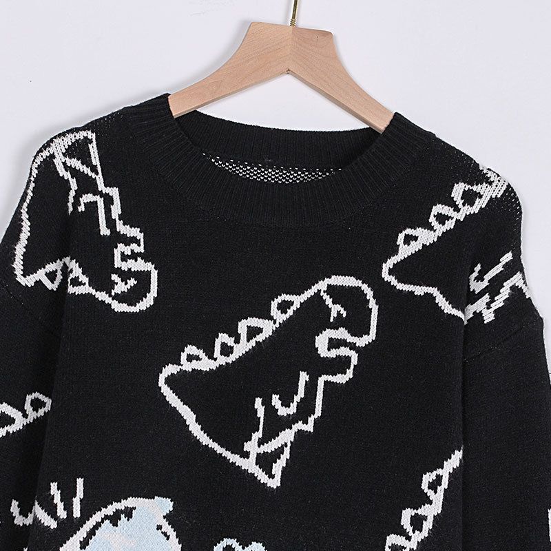 Women's Clothing long sleeved sweater autumn and winter new round neck loose cartoon dinosaur sweater_voghion.com