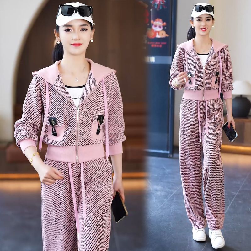 LazyZoom Completo sportivo casual alla moda per donna 2025 Primavera Nuovo cardigan con cappuccio, giacca, pantaloni a gamba larga, set snellente in due pezzi alla moda_voghion.com