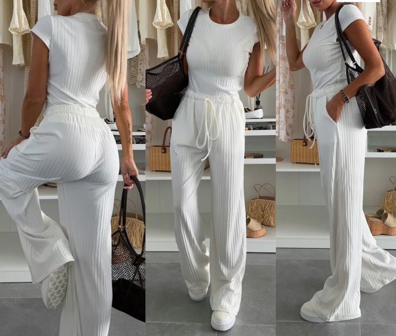 Women's Clothing New Textured Knitted Short Sleeved Tops Wide Leg Trousers Elastic Mid Waist Solid Color Casual Suit_voghion.com