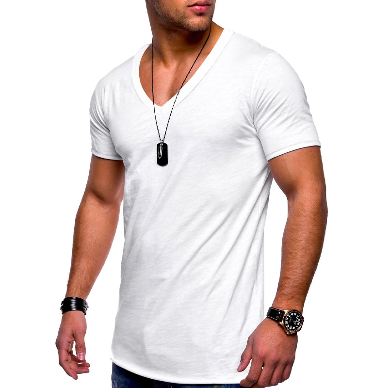 Men's v-neck solid color plus size casual short-sleeved t-shirt_voghion.com